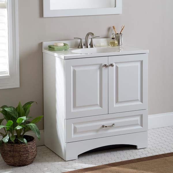 Glacier Bay Lancaster 30.5 in. W x 18.69 in. D Raised Panel Bath Vanity in White with White Cultured Marble Top