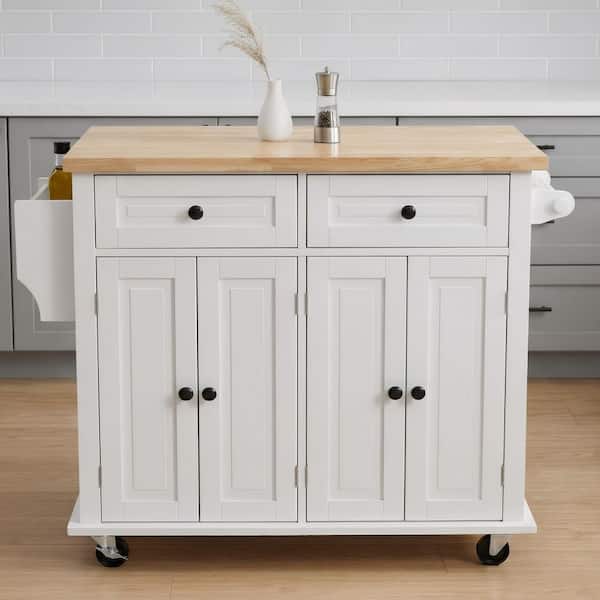 White Wood 35.4 in. Kitchen Island with Storage Cabinet and Towel