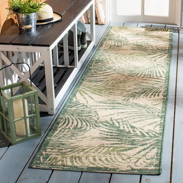 Courtyard Beige/Green 2 ft. x 5 ft. Runner Border Palm Leaf Indoor/Outdoor Area Rug