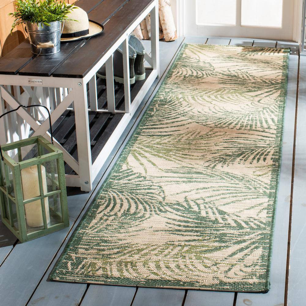 Beige and Green Synthetic Reversible Indoor/Outdoor Runner Rug