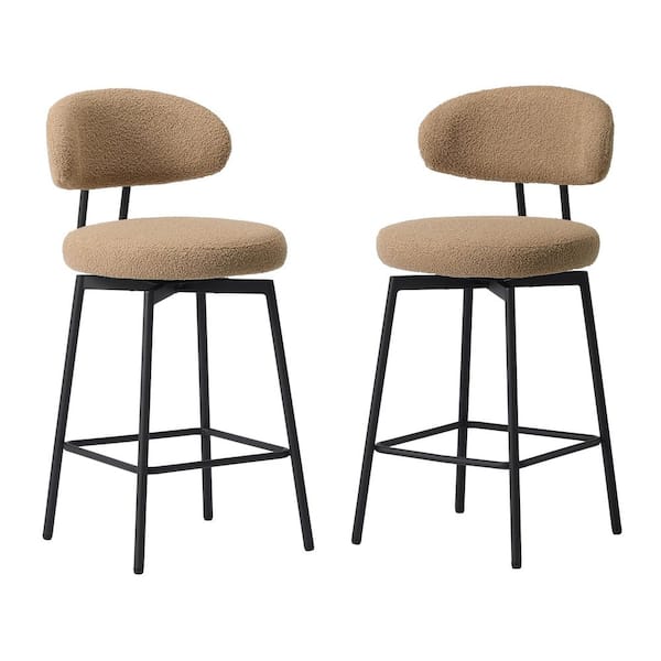 Bayville Modern 27 in. Faux Shearling Fabric Upholstered Metal Frame Swivel Kitchen Counter Stool (Set of 2), Camel