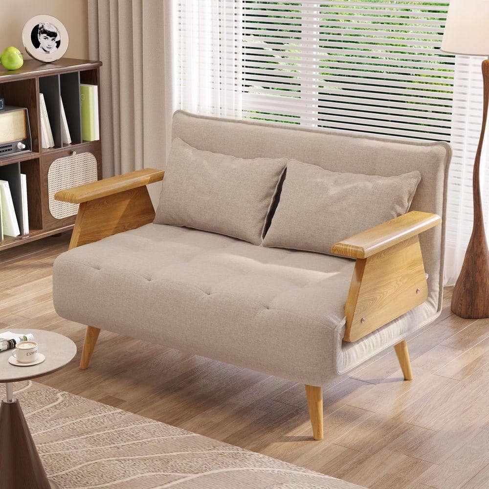 JASIWAY 43.3 in. Beige Twin Sleeper Size Folding Linen Sofa Bed