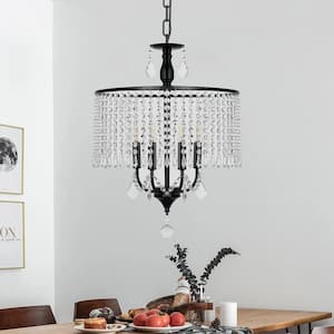 4-Light Modern Black Candle Crystal Drum Pendant Light Chandelier Hanging Light Fixture for Living Room Dining Room