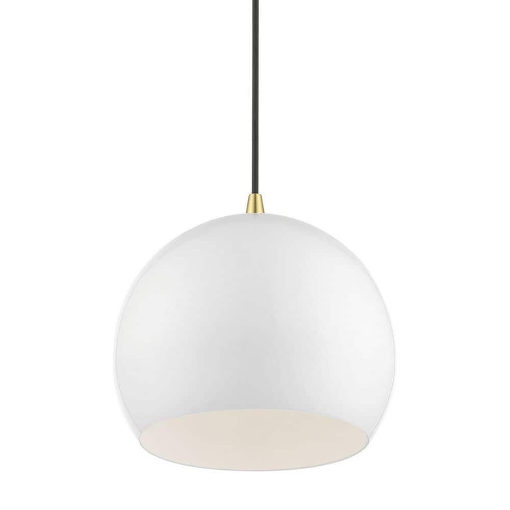 Mini Shiny White Aluminum Globe Pendant with Polished Brass Accents