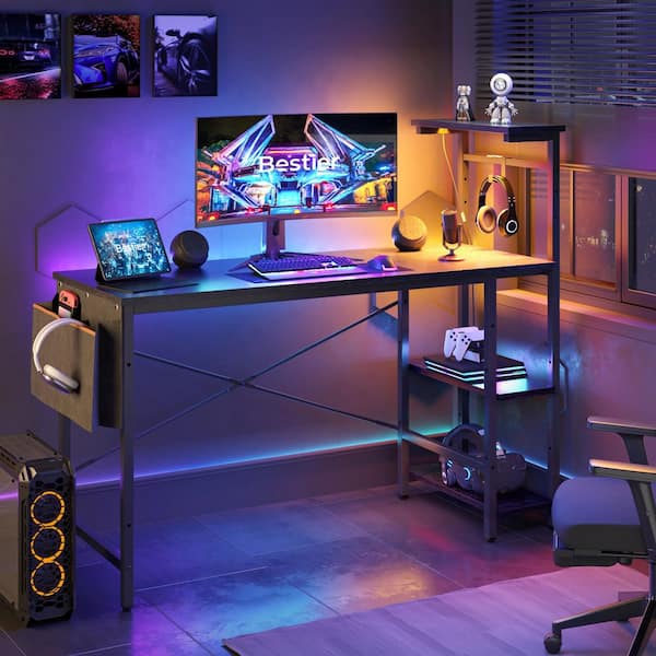 51 in. Black Grained Computer Desk with LED Lights Gaming Desk, 4 Tier Shelves