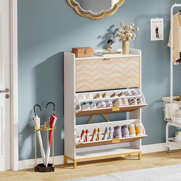 Cezalinda Walnut White 50 in. H Storage Cabinet 24-Pair Shoe Cabinet Rack 3 Flip Doors Shoe Tipping Shoe Dresser Shelf