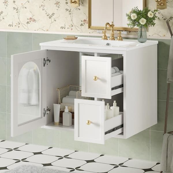 24 in. White Bath Vanity with White Ceramic Top with Ceramic Sink, 2-Drawers and 1-Soft-Close Door