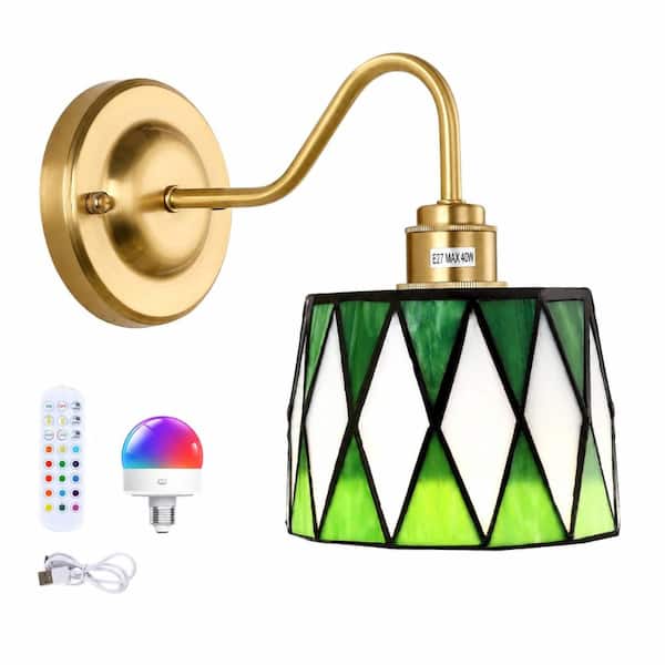 Vintage Plug In Standard Light Bulb Fixture Set of 2 with Green Checker Stained Glass Shade and Gold Finish Wall Sconce