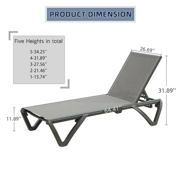 Aluminum 2-Piece Adjustable Stackable Outdoor Chaise Lounge in Gray Seat with Wheels for Poolside Sunbathing Lounger