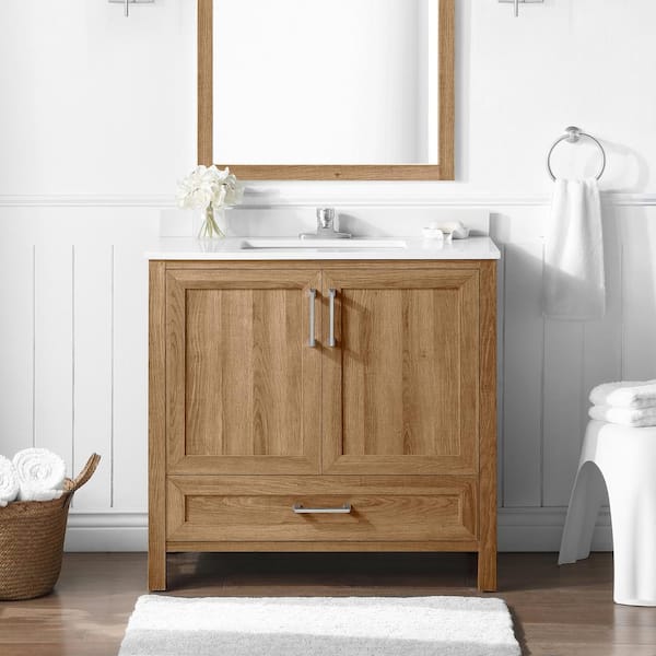 Home Decorators Collection Moorside 36 in. W x 19 in. D x 34 in. H Single Sink Bath Vanity in Sweet Maple with White Engineered Stone Top