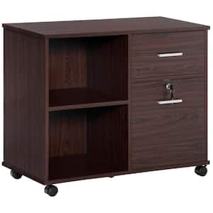 Walnut Lateral File Cabinet with Wheels, Mobile Printer Stand with Open Shelves and Drawers