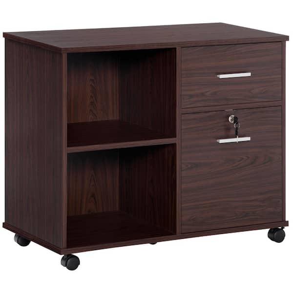 Vinsetto Walnut Lateral File Cabinet with Wheels, Mobile Printer Stand with Open Shelves and Drawers