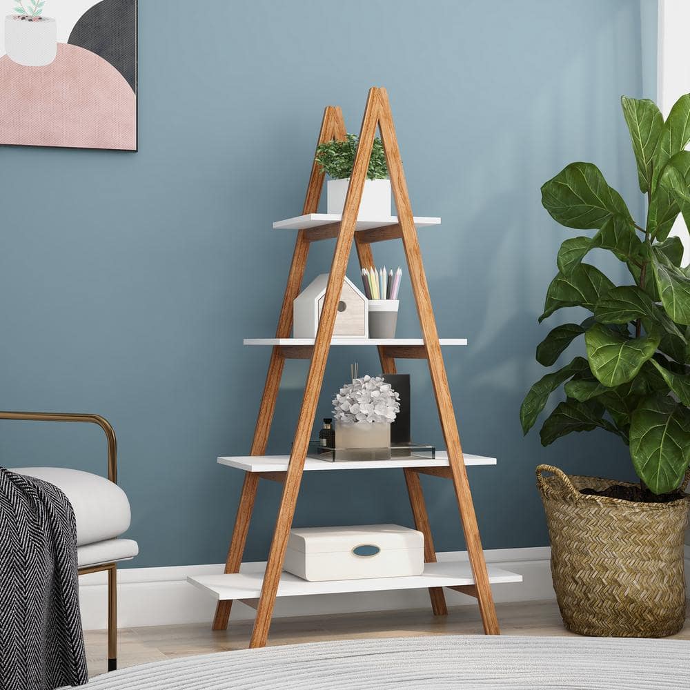 White and Bamboo Wood A-Frame Ladder Shelf