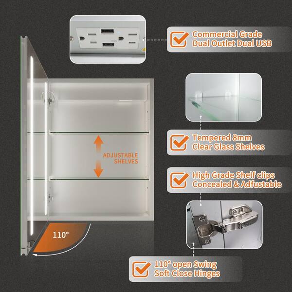 GroGro Glare 20 in. W x 26 in. H Rectangular Aluminum Recessed/Surface Mount Left Open Medicine Cabinet with Mirror LED