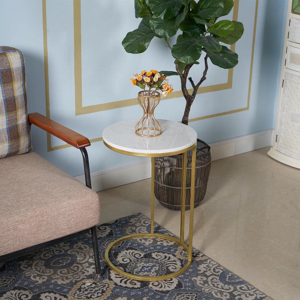 Round White Faux Marble and Gold Metal Side Table
