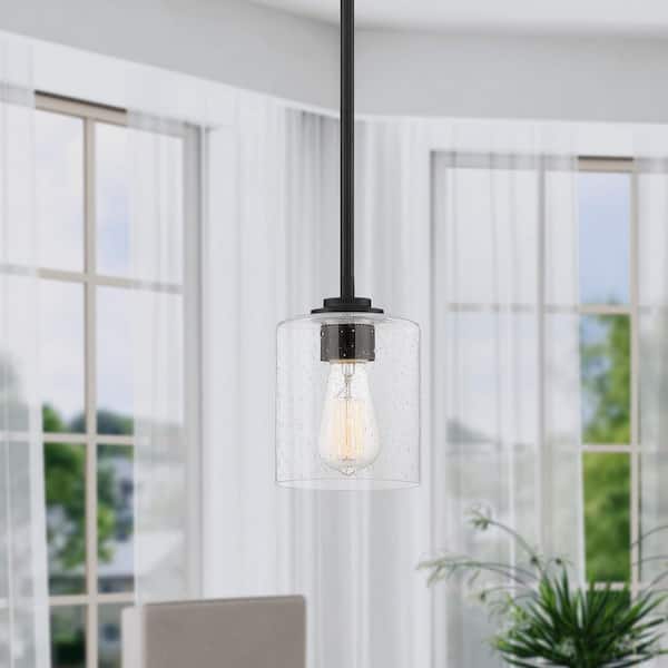 Logan 60-Watt 1-Light Matte Black Transitional Pendant Light with Clear Seedy Glass Shade and No Bulbs Included