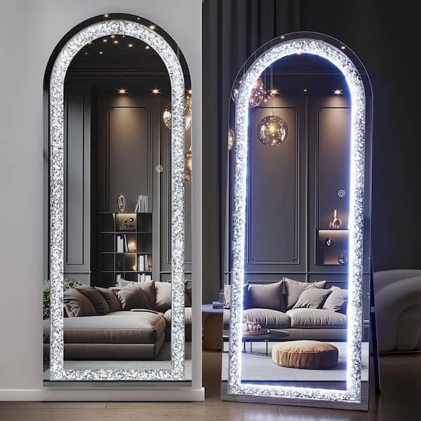 Hasipu Black 24 in. W x 71 in. H LED Light Arch Full Length Mirror with Crystal Crush Diamond Free Standing Floor Mirror
