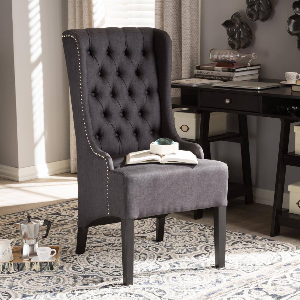 Vincent Dark Gray Linen Button-Tufted Accent Chair with Wood Legs
