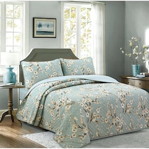 Cherry Blossom Floral 3-Piece Cyan Blue Green Cotton King Quilt Bedding Set