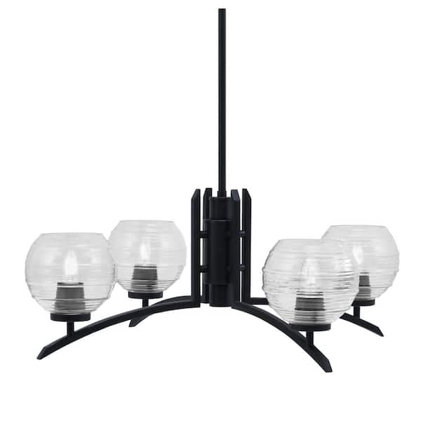 Unbranded Siena 27.5 in. 4 Light Matte Black Chandelier with Clear Ribbed Glass Shades