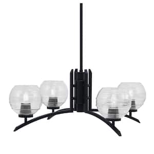 Siena 27.5 in. 4 Light Matte Black Chandelier with Clear Ribbed Glass Shades