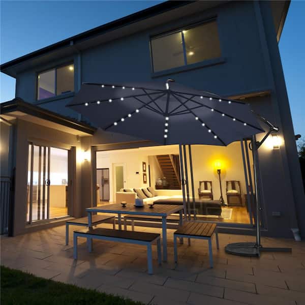 10ft Solar LED Cantilever Offset Patio Umbrella 360° Rotation Aluminum Navy Blue 