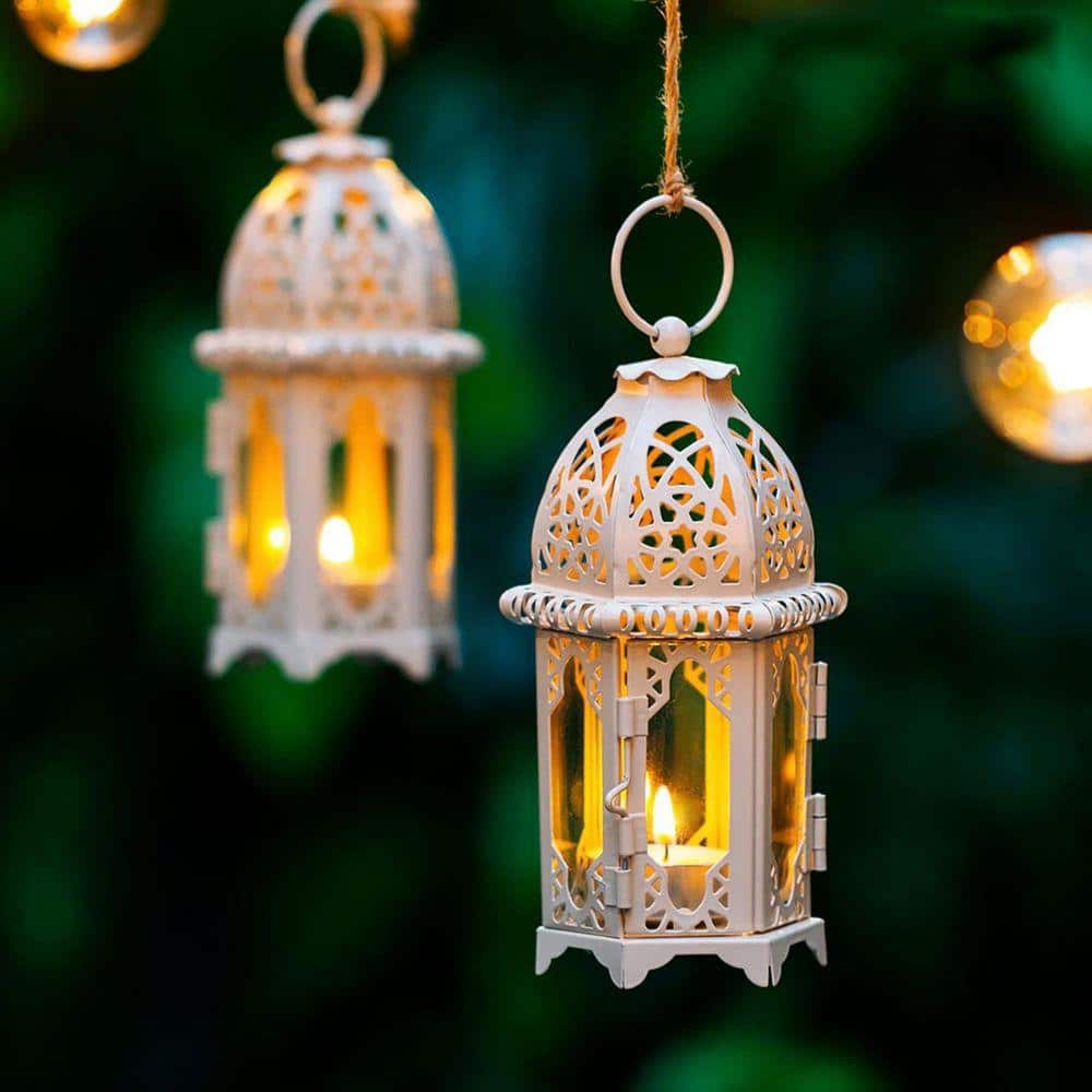 6.3 in. x 2.6 in. White Metal Moroccan Lantern without Candle, Set