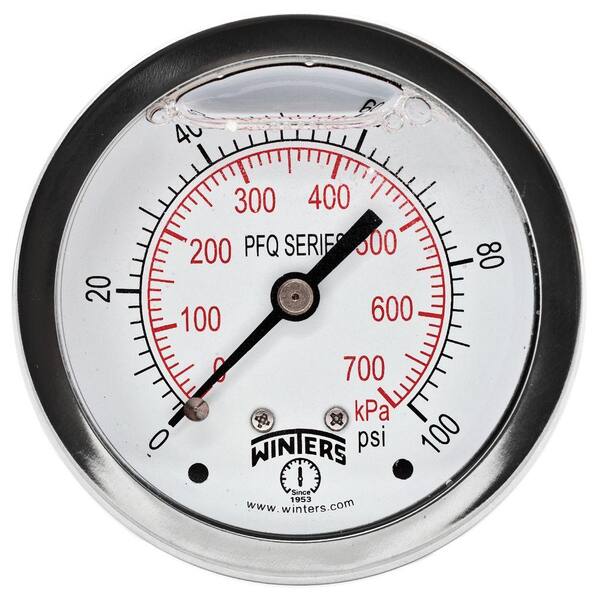 Winters Instruments PFQ Series 2.5 in. Stainless Steel Liquid Filled Case Pressure Gauge with 1/4 in. NPT CBM and Range of 0-100 psi/kPa