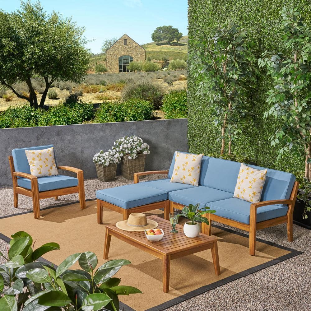Grenada Teak Brown 4-Seater Outdoor Sectional Sofa Set with Blue Cushions
