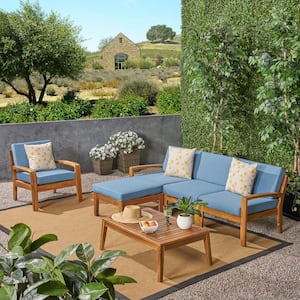 Grenada Teak Brown 6-Piece Wood Outdoor Patio Conversation Sectional Seating Set with Blue Cushions