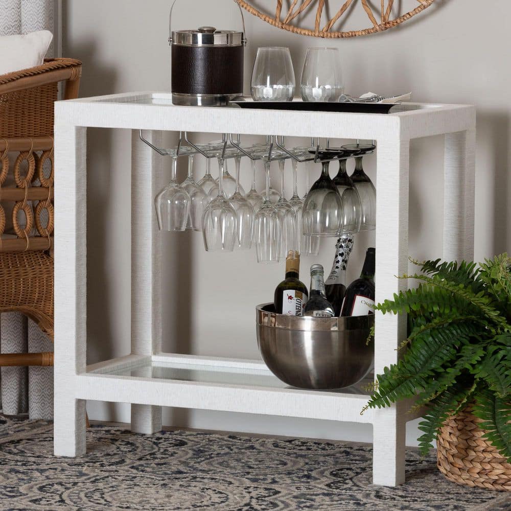 Oaklynn 2-Tier White Grasscloth 31.5 in. W Wine Rack with Stemware Rack price history on PriceWatchPro