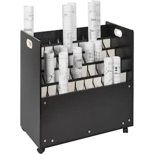 Blueprint Storage Rack, 50 Slots Mobile Blueprint Storage Cabinet, Wooden Roll File Organizer Cart Black