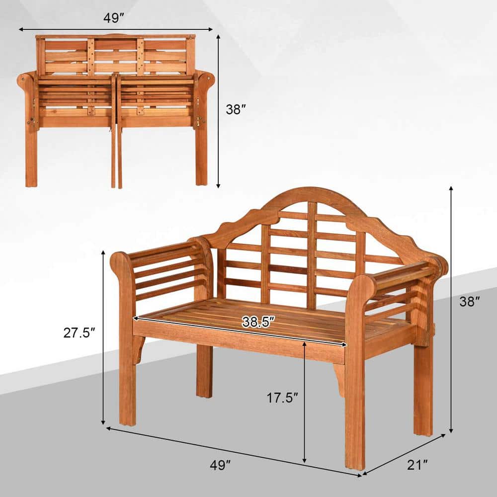 49" Eucalyptus Wood Outdoor Folding Bench with Backrest and Armrest
