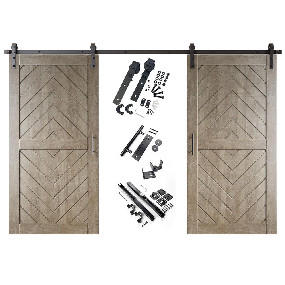 JT2 32 in. x 80 in. C-Panel Classic Gray Fishbone Design Double Pine Wood Sliding Barn Door with Hardware Kit price history on PriceWatchPro