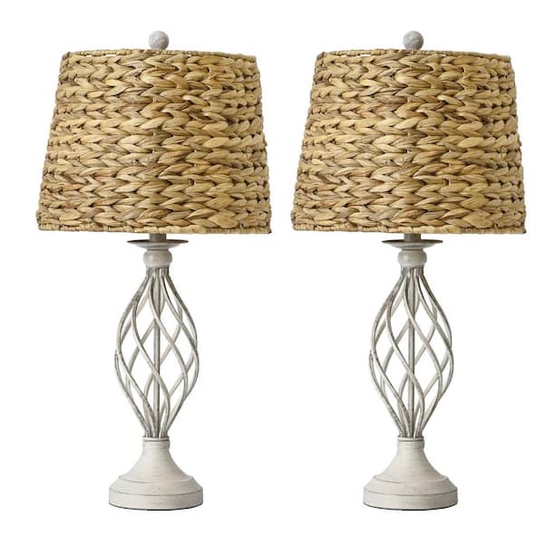 27.6 in. White Natural Woven Farmhouse Table Lamp with USB Charging Port for Living Room and Bedroom (Set of 2)