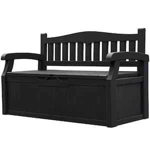 80 Gal. Black Outdoor Storage Bench Plastic Deck Box with Back and Armrest