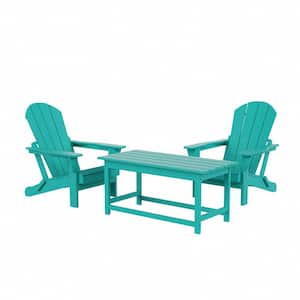 Laguna 3-Piece Fade Resistant Outdoor Patio HDPE Poly Plastic Folding Adirondack Chair Set, Coffee Table in Turquoise