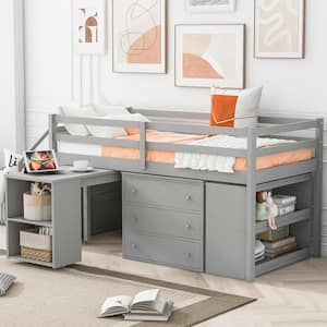 Gray Twin Size Wood Low Loft Bed with Movable Desk, 2 Open Compartments, 2 Shelves, 3-Drawer, Storage Stairs