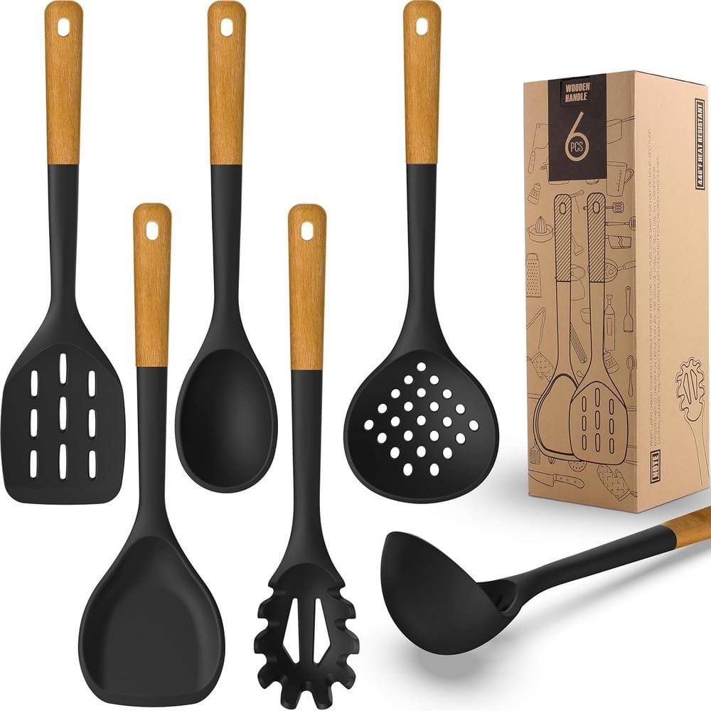 Black Large Silicone Cooking Utensils Set with Heat Resistant Silicone and 