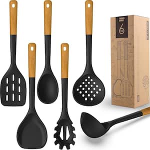 Black Large Silicone Cooking Utensils Set with Heat Resistant Silicone and Wooden Handles, Non-Stick, BPA Free