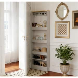 69 in. Tall White Wood Behind The Door Tall Bookcase Narrow Storage Cabinet with 4 Shelves and 5 Hooks