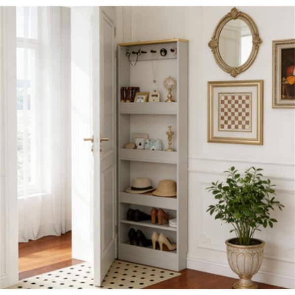 69 in. Tall White Wood Behind The Door Tall Bookcase Narrow Storage Cabinet with 4 Shelves and 5 Hooks