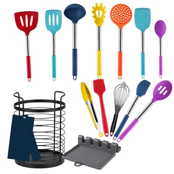 Adrinfly Heat Resistant Silicone Kitchen Utensil Set with Spatula Holder, BPA Free, Dishwasher Safe, 14pcs Cooking Gadgets