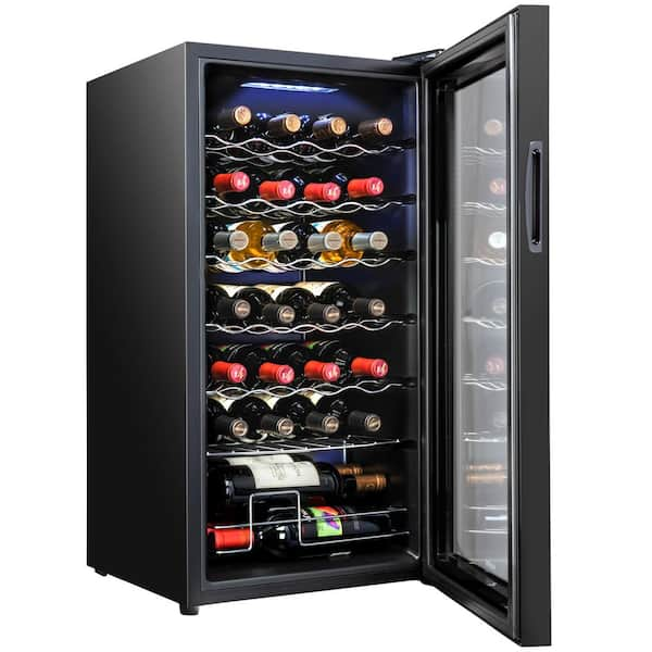 28-Bottle Wine Cooler, Large Cellar Cooling Unit in Black, Freestanding Wine Fridge with Lock