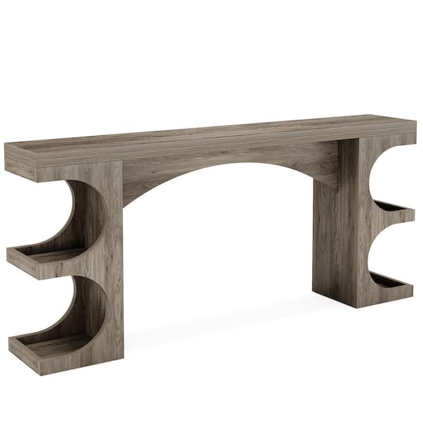 BYBLIGHT Turrella 63 in Gray Long Rectangle Wood Sofa Console Table Entryway Table with Half Round Shelves for Living Room