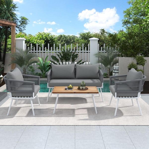 FORCLOVER 4-Piece Boho Rope Patio Conversation Set with Gray Cushions and Acacia Wood Table