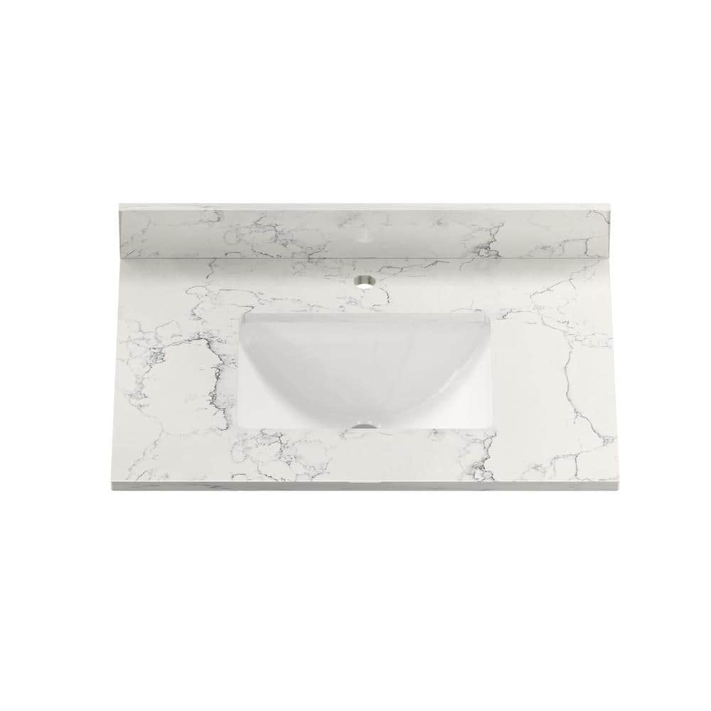 Carrara - Tocador de baño de 31 pulgadas, piedra sinterizada dorada Carrara  con fregadero rectangular de cerámica bajo montaje inferior y protector