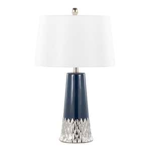 Penelope 23 in. Dark Blue & Silver Ceramic Table Lamp with White Linen Shade