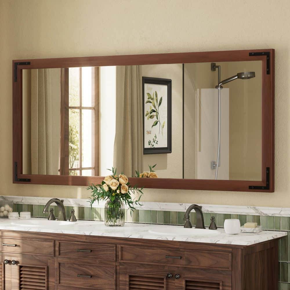 72 in. W x 32 in. H Rectangular Rustic Farmhouse Solid Wood Framed & Tempered Glass Wall Bathroom Vanity Mirror in Brown price history on PriceWatchPro