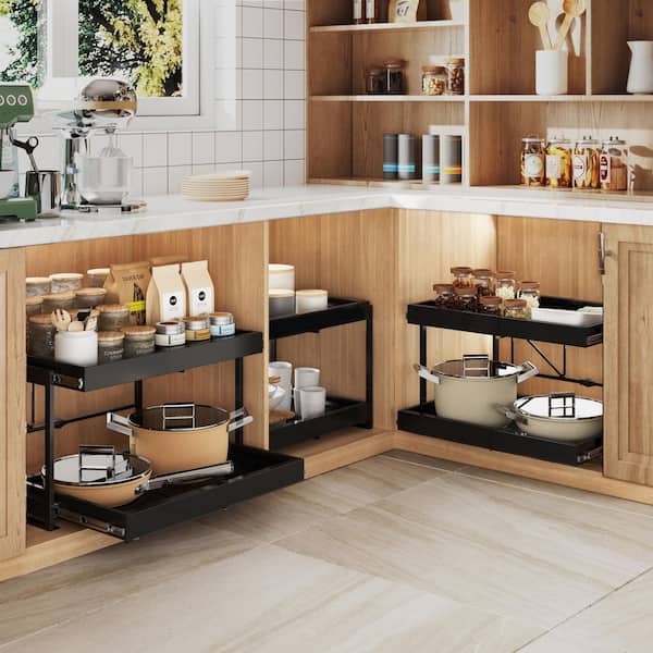 Silver 2 Tier Pull Out Cabinet Organizer Heavy Duty Expandable Slide Out Shelf for Kitchen Pots and Pans